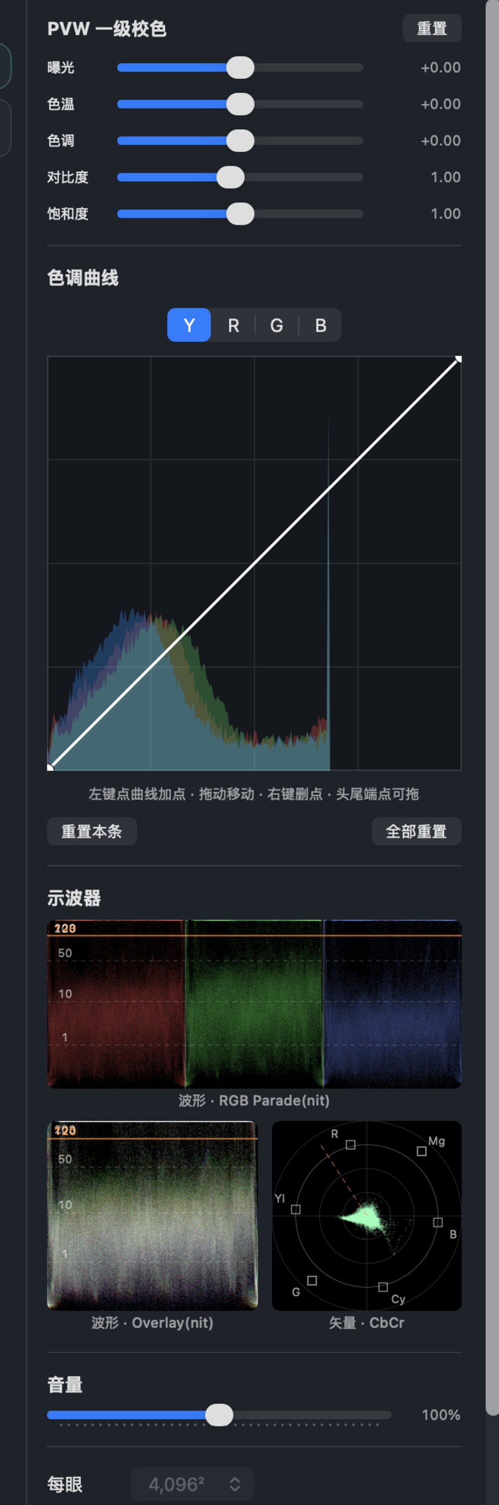 Primary grade controls, curve editor, waveform and vectorscope